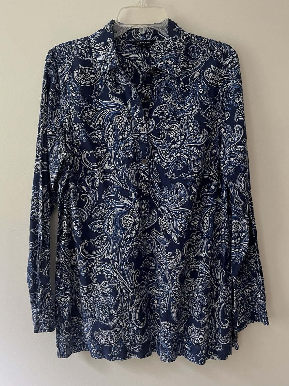 Lands' End Cotton Button Front Collared Shirt Blue Paisley Printed Medium